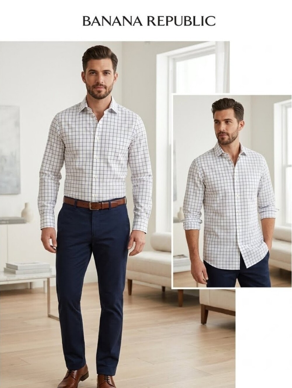 Banana Republic White Shirt with Navy Windowpane Grid
